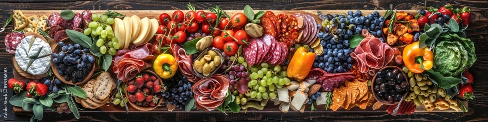 Colorful Mediterranean Charcuterie Spread with Olives, Meats, Fruits, and Cheese on Wooden Table Colorful Mediterranean Charcuterie Spread with Olives, Meats, Fruits, and Cheese on Wooden Table