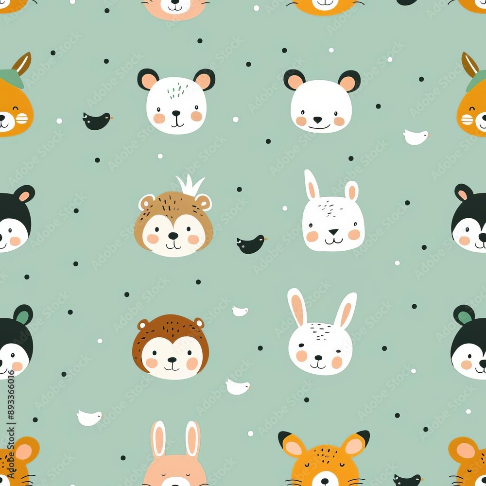 Animal faces in a scattered, simplistic pattern, pastel mint background, sketch style, delicate and artistic Animal faces in a scattered, simplistic pattern, pastel mint background, sketch style, delicate and artistic