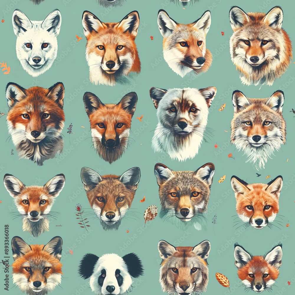 Animal faces in a scattered, creative pattern, pastel mint background, sketch style, delicate and artistic Animal faces in a scattered, creative pattern, pastel mint background, sketch style, delicate and artistic