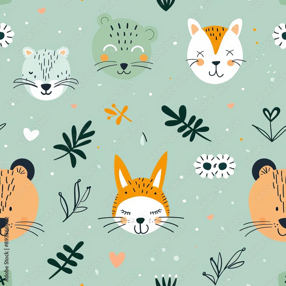 Animal faces in a scattered, minimalistic pattern, pastel mint background, sketch style, delicate and artistic Animal faces in a scattered, minimalistic pattern, pastel mint background, sketch style, delicate and artistic