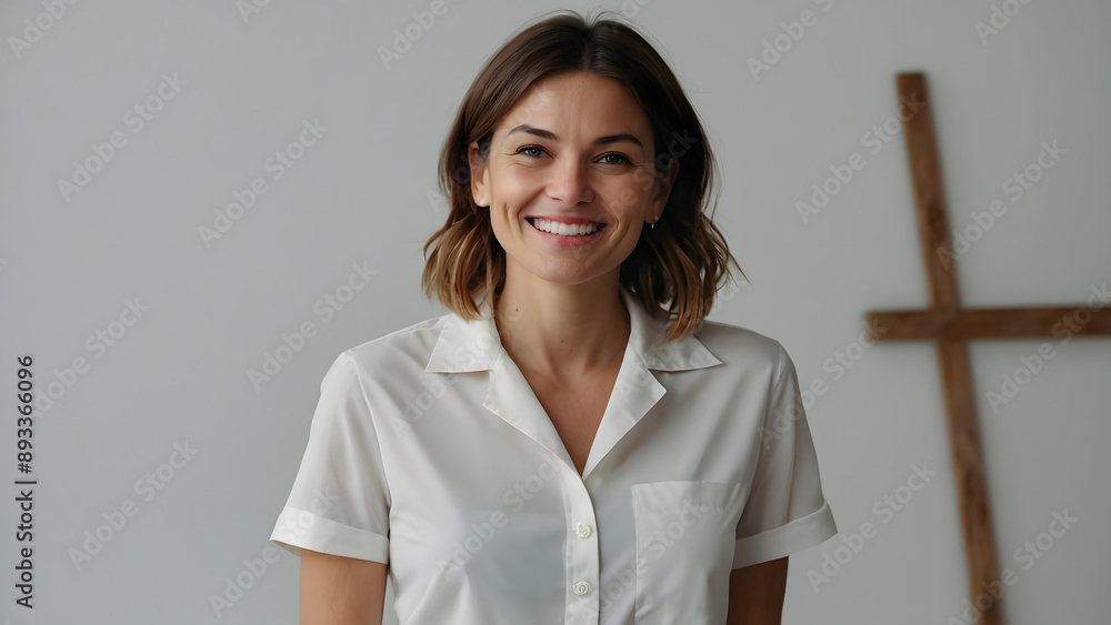 Woman in white short-sleeved shirt shoulder-length hair, broad smile on light background Woman in white short-sleeved shirt shoulder-length hair, broad smile on light background