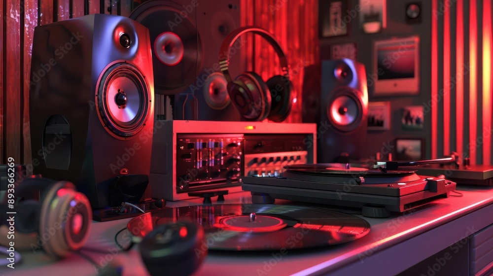 Fototapeta premium Instruments, speakers, rhythm 3D background, vinyl, headphones, tempo