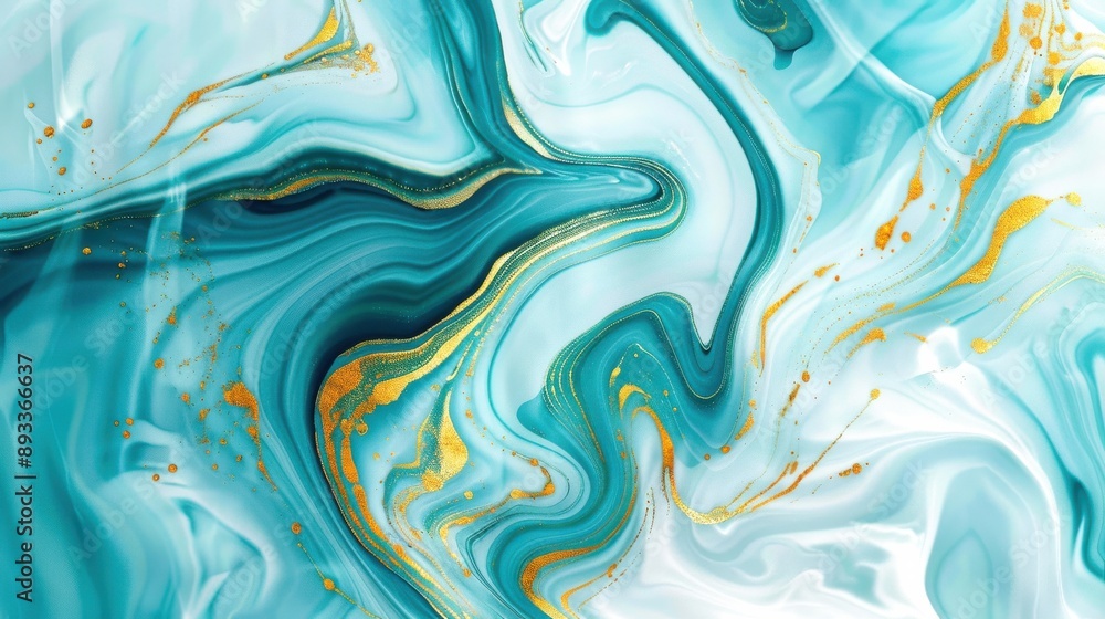 A vibrant abstract design with swirling turquoise and gold paint A vibrant abstract design with swirling turquoise and gold paint