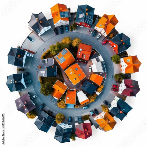 A round view of a neighborhood with houses of different colors and sizes