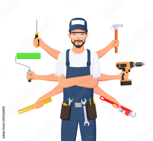 Handyman Character Holding Multiple tools, Multiple skillset, Plumber, Carpenter, Painter, repairman, Engineer