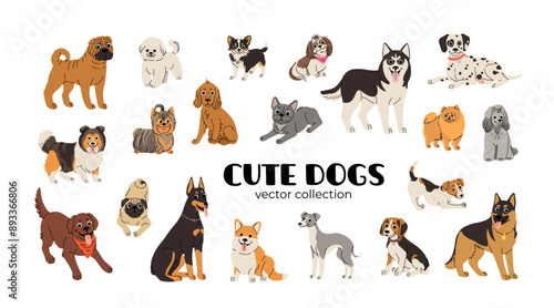 Dogs in motion set. Different canine breeds. doberman, dalmatian, pomeranian, sheltie, greyhound, terrier, corgi, husky, shar pei, labrador, bulldog, beagle, shepherd, chihuahua, shih tzu, spaniel