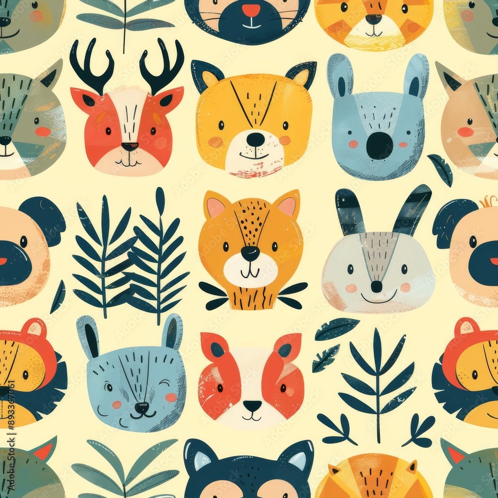 Limited animal faces in a geometric pattern, pastel yellow background, vintage illustration, retro and charming Limited animal faces in a geometric pattern, pastel yellow background, vintage illustration, retro and charming