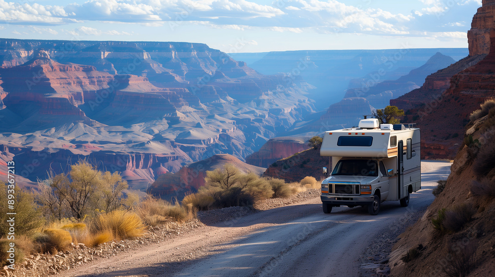 Beautiful scenery of Grand Canyon and camping car. Traveling through deserts and canyons Beautiful scenery of Grand Canyon and camping car. Traveling through deserts and canyons