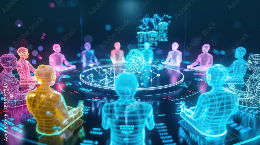 conceptual image of a high-stakes financial debate, with digital avatars arguing strategies over a virtual roundtable filled with dynamic data