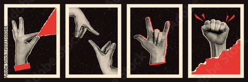 Contemporary posters set. Halftone collage hands and star space. Red torn paper. Vector art.