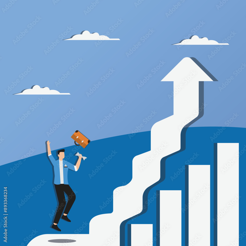 Businessman standing look to the top of the graph arrow Businessman standing look to the top of the graph arrow