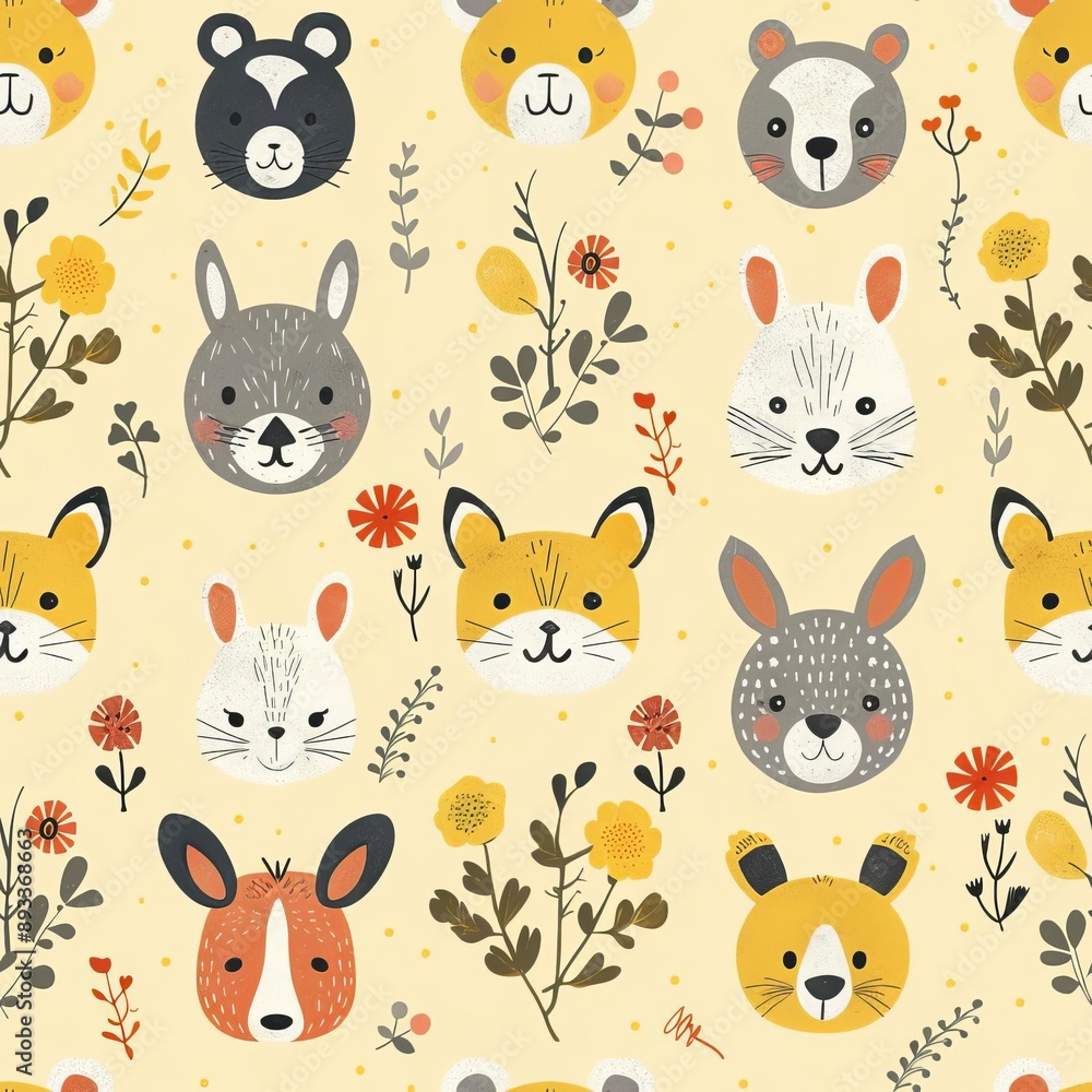 Limited seasonal animal faces in a repeating pattern, pastel yellow background, vintage illustration, retro and charming Limited seasonal animal faces in a repeating pattern, pastel yellow background, vintage illustration, retro and charming