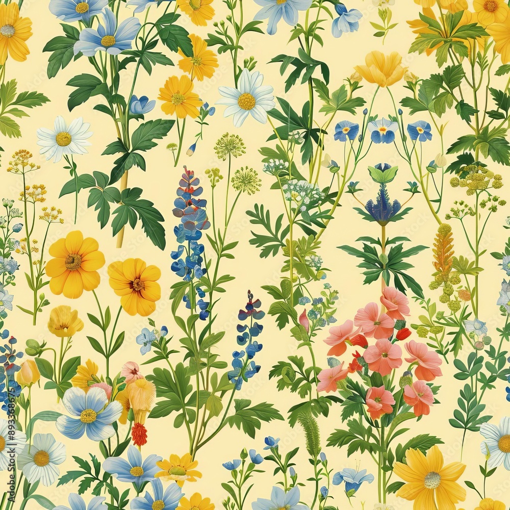 Limited seasonal flowers in a repeating pattern, pastel yellow background, vintage illustration, retro and charming Limited seasonal flowers in a repeating pattern, pastel yellow background, vintage illustration, retro and charming