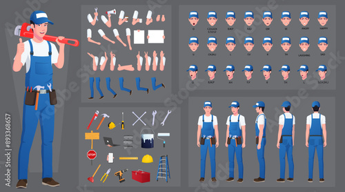 Handyman, repairman Character Construction and Animation Pack, Maintenance Engineer Wearing Blue Overalls, Mouth Animation and Lip Sync, Turnaround with Tools and Work Equipment's