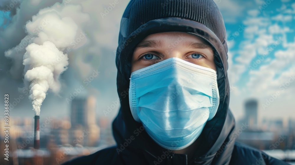 A man wearing a black coat and a blue mask is standing in front of a large smoke cloud A man wearing a black coat and a blue mask is standing in front of a large smoke cloud