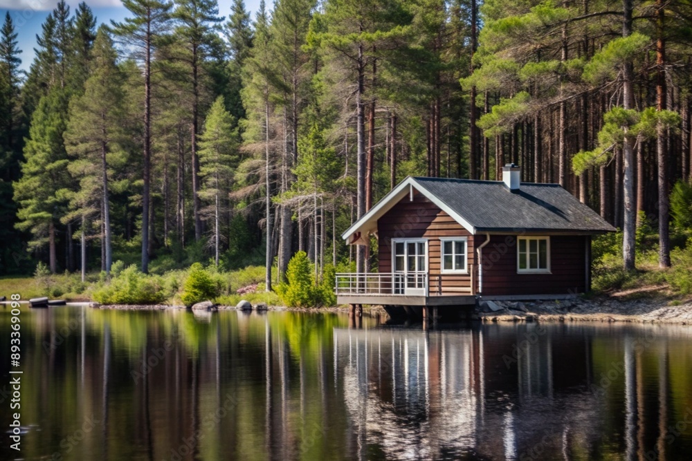 Finnish house on a lake in a pine forest, forest lake landscape, fisherman's house, sauna on the lake Finnish house on a lake in a pine forest, forest lake landscape, fisherman's house, sauna on the lake