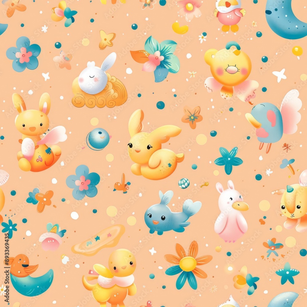 Limited toys in a scattered pattern, pastel peach background, fantasy style, whimsical and enchanting Limited toys in a scattered pattern, pastel peach background, fantasy style, whimsical and enchanting