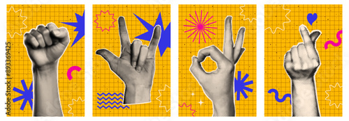 Trendy halftone punk collage posters set with retro Y2K and naive doodle elements. Hand gestures, rock, protest, okay, love. Contemporary vector illustration.