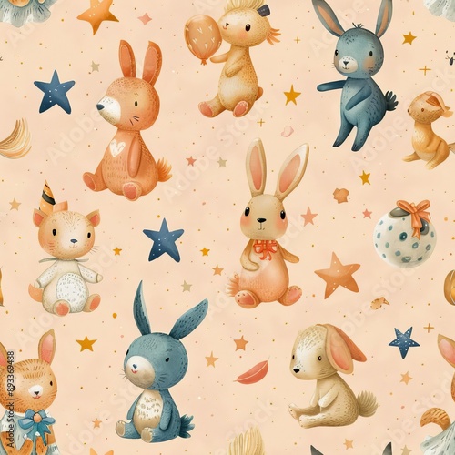 Limited toys in a scattered pattern, pastel peach background, fantasy style, whimsical and enchanting