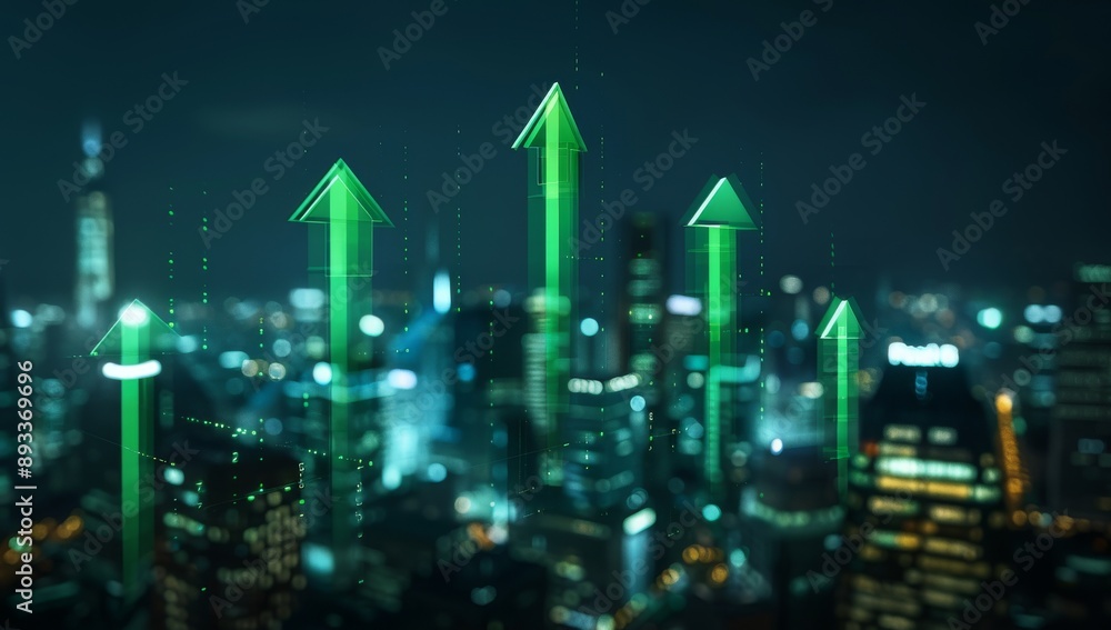 A city skyline at night with green arrows pointing upwards, representing business growth and success. A city skyline at night with green arrows pointing upwards, representing business growth and success.