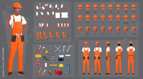 Black Handyman, repairman Character Creation and Animation Pack, African-American Maintenance Engineer Wearing Orange Overalls, Mouth Animation and Lip Sync, Turnaround with Tools and Work Equipment