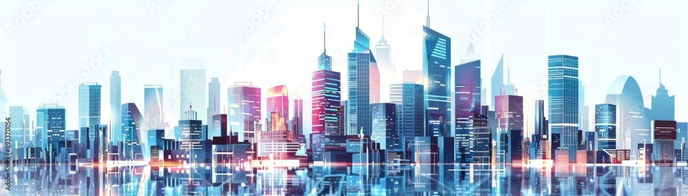 Fototapeta premium Futuristic City Skyline: Abstract Vector Illustration of Glass Skyscrapers Against Sky. Digital Technology Style Design for Urban Landscape and Business Concepts. Modern Metropolis Architecture in Hig