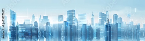 Futuristic City Skyline: Abstract Vector Illustration of Glass Skyscrapers Against Sky. Digital Technology Style Design for Urban Landscape and Business Concepts. Modern Metropolis Architecture in Hig