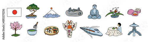 Japanese landmarks set in doodle cartoon style. Japanese. Kimono, samurai, Mount Fujiyama, green matcha tea and sushi, ikebana and toro garden lantern. Hand drawn vector illustrations