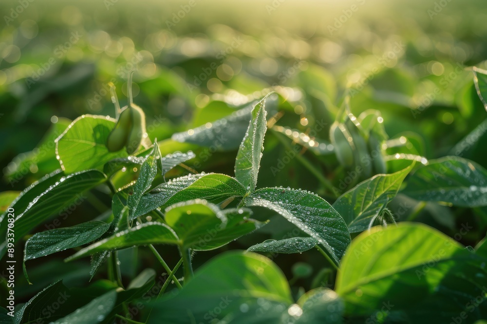 Close-up of lush green soybean leaves covered in dewdrops under soft morning sunlight Close-up of lush green soybean leaves covered in dewdrops under soft morning sunlight