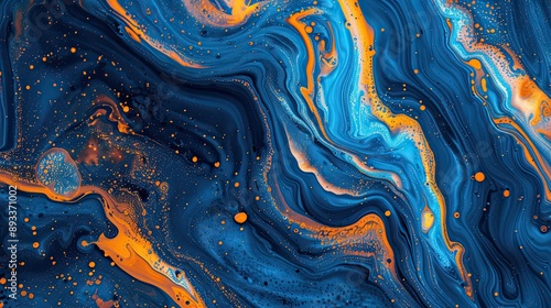 Sapphire blue and neon orange background with spiral patterns and glowing dots