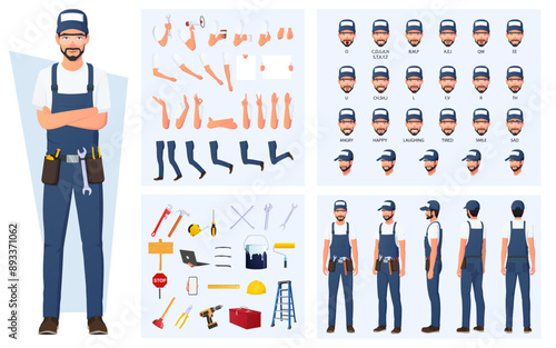 Handyman, repairman Character Construction and Animation Pack, Maintenance Engineer Wearing Bib Overalls with tools, Equipment, Mouth Animation and Lip Sync