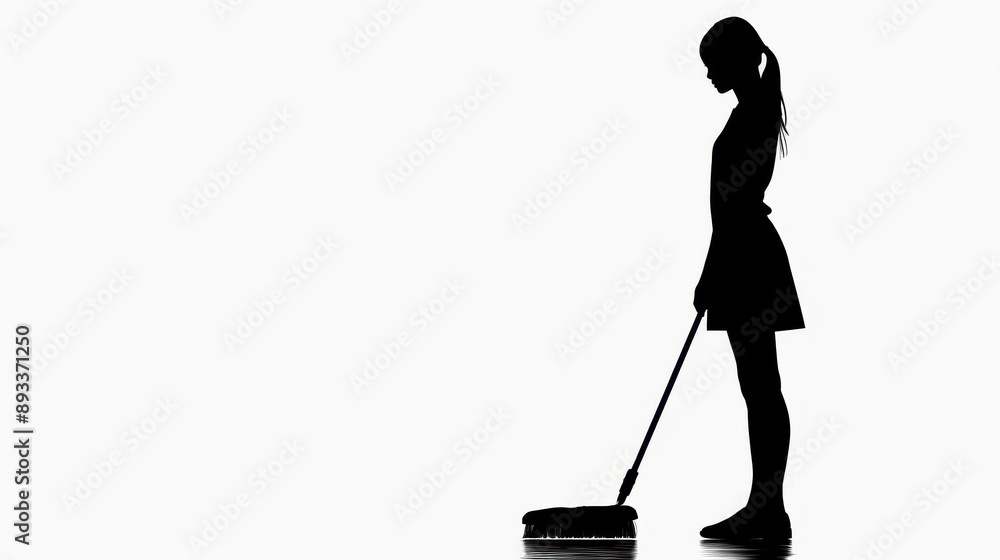 Dramatic silhouette of a female cleaner with a floor mop on a clean white background. Dramatic silhouette of a female cleaner with a floor mop on a clean white background.