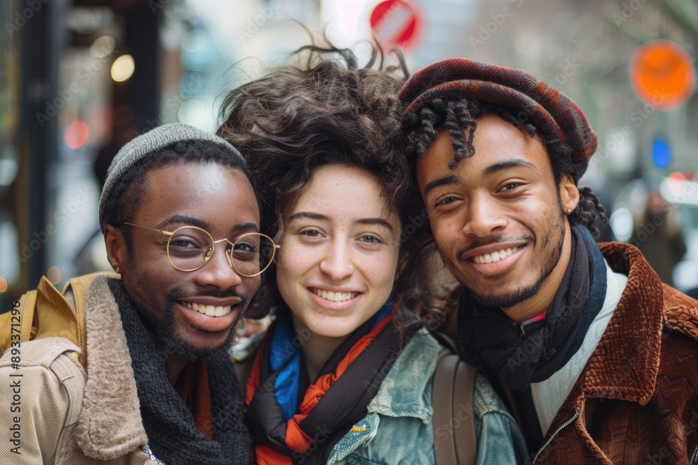 Diverse Group of Friends Smiling Outdoors in Winter Clothing Diverse Group of Friends Smiling Outdoors in Winter Clothing