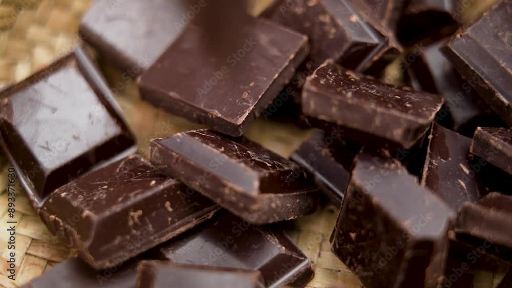 Macro shot of falling dark bitter broken chocolate pieces into a rustic eco friendly wicker bowl. Organic pure ingredients without additives for healthy eating and baking Macro shot of falling dark bitter broken chocolate pieces into a rustic eco friendly wicker bowl. Organic pure ingredients without additives for healthy eating and baking