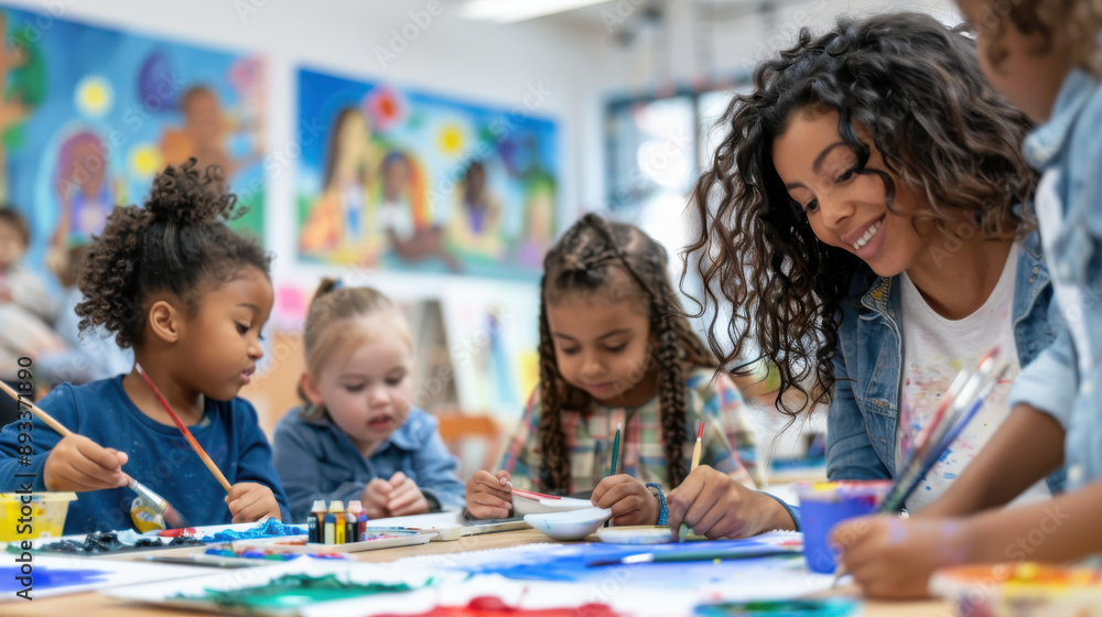 A teacher supervising elementary students in an after-school painting class, with kids eagerly creating their own masterpieces. A teacher supervising elementary students in an after-school painting class, with kids eagerly creating their own masterpieces.