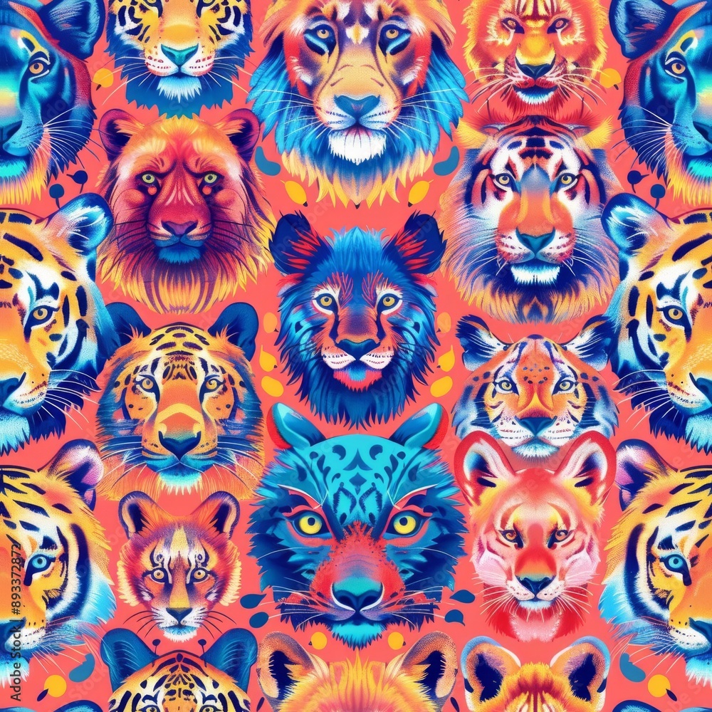 Sparse arrangement of animal faces in a kaleidoscopic pattern, pastel coral backdrop, psychedelic style, vibrant and lively Sparse arrangement of animal faces in a kaleidoscopic pattern, pastel coral backdrop, psychedelic style, vibrant and lively