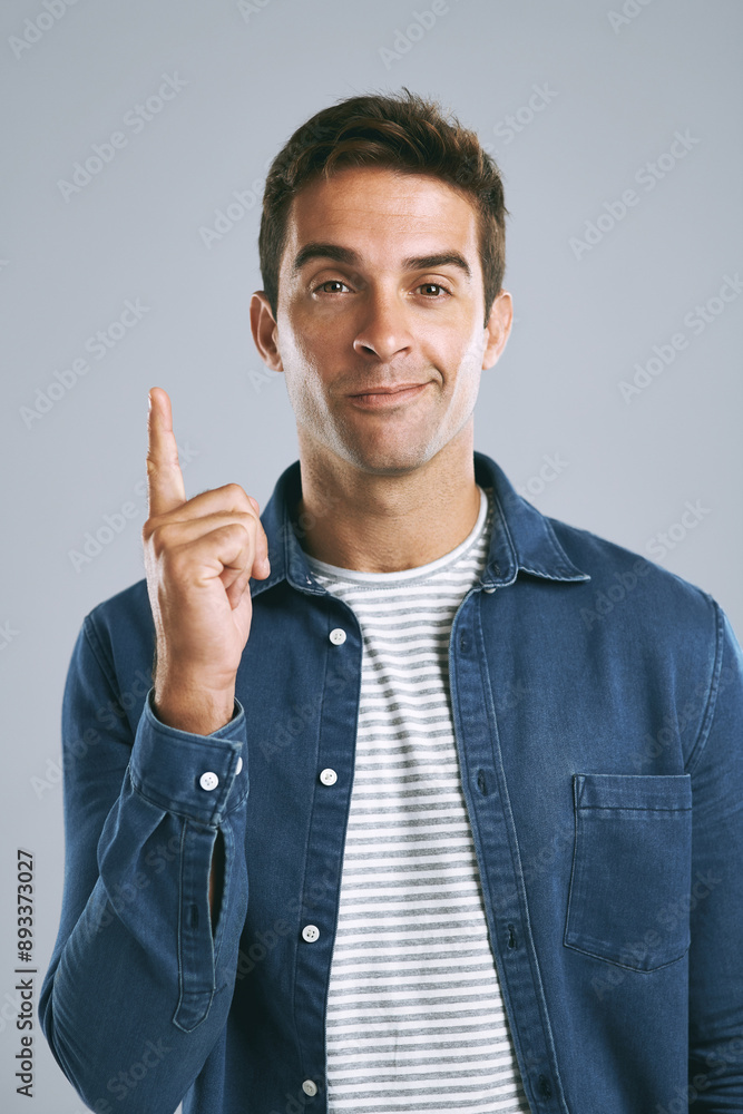 Thinking, studio and man with idea, portrait and remember of solution for person, plan and brainstorming. White background, entrepreneur and confident with gesture, inspiration and smile in Chicago Thinking, studio and man with idea, portrait and remember of solution for person, plan and brainstorming. White background, entrepreneur and confident with gesture, inspiration and smile in Chicago