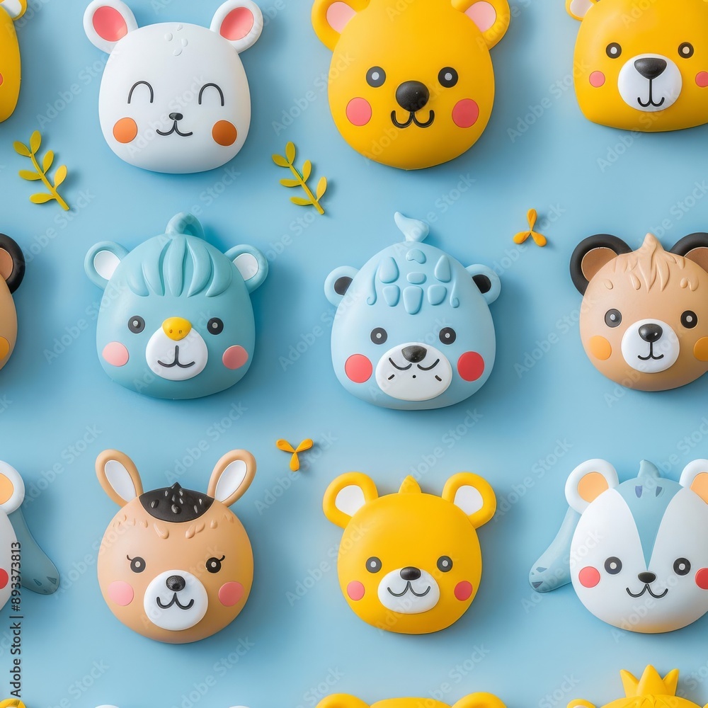 Sparse arrangement of cute animal faces in a whimsical pattern, pastel blue background, pop art style, playful and bright, flat lay Sparse arrangement of cute animal faces in a whimsical pattern, pastel blue background, pop art style, playful and bright, flat lay