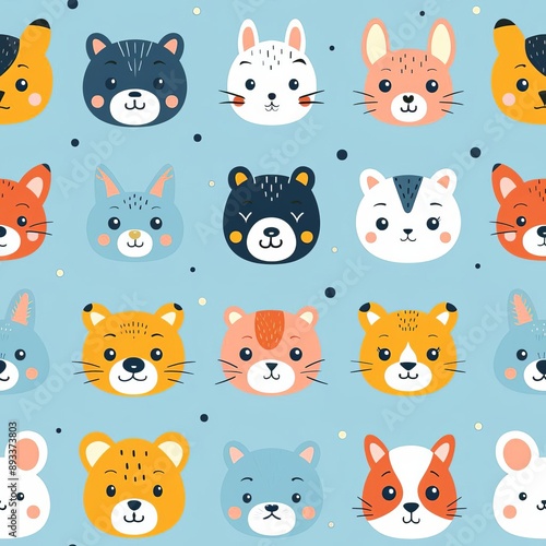 Sparse arrangement of cute animal faces in a whimsical pattern, pastel blue background, pop art style, playful and bright, flat lay