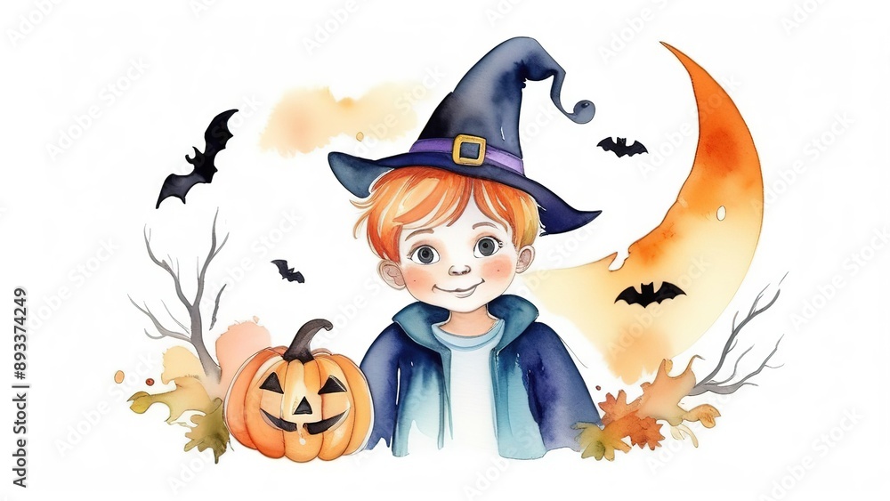 Cute little boy in Halloween costume with pumpkin on white background. Halloween watercolor drawing Cute little boy in Halloween costume with pumpkin on white background. Halloween watercolor drawing