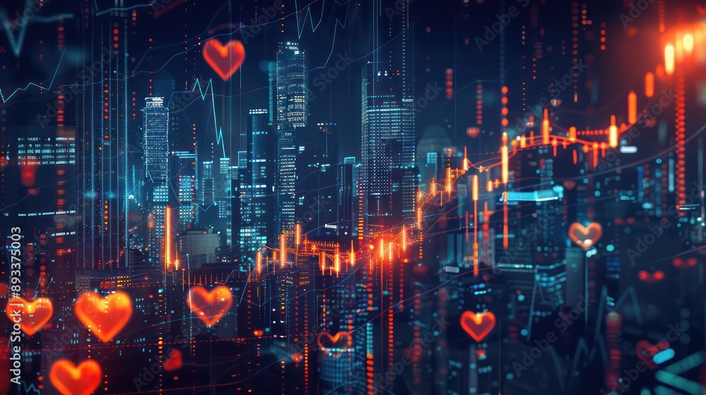 Fototapeta premium conceptual piece showing the pulse of the stock market, with glowing heartbeats over a background of financial districts at night
