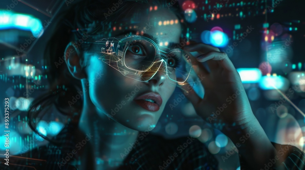 Futuristic Businesswoman Utilizing Augmented Reality in Cyberpunk Presentation with Holographic Effects and Digital Art on Dark Background Futuristic Businesswoman Utilizing Augmented Reality in Cyberpunk Presentation with Holographic Effects and Digital Art on Dark Background