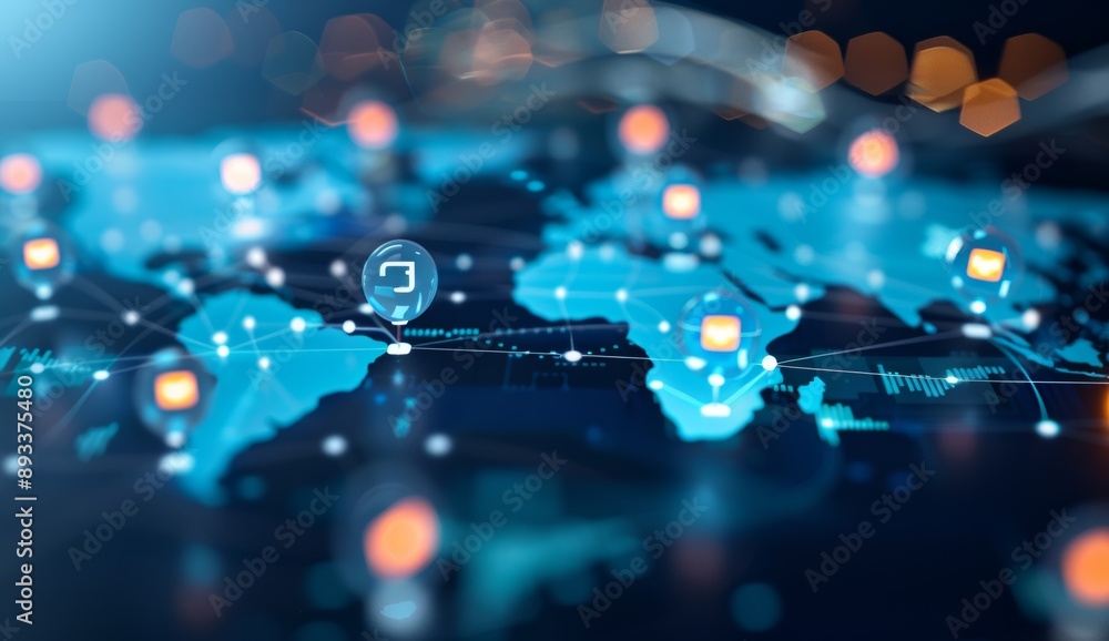 A digital map of the world with interconnected nodes representing global network connections A digital map of the world with interconnected nodes representing global network connections