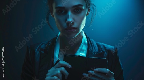Financial Despair - Businesswoman Staring at Empty Wallet in Realistic High Detail, Blue Tonal Contrast with Dark Background photo