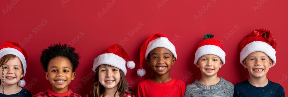 Cheerful kids in Santa hats laugh and smile against a red backdrop, spreading joy with their adorable Christmas spirit. They look cute and excited, embodying the joy of the holidays Cheerful kids in Santa hats laugh and smile against a red backdrop, spreading joy with their adorable Christmas spirit. They look cute and excited, embodying the joy of the holidays