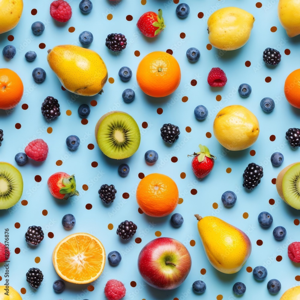 Sparse arrangement of fruits in a polka dot pattern, pastel blue background, pop art style, playful and bright, flat lay Sparse arrangement of fruits in a polka dot pattern, pastel blue background, pop art style, playful and bright, flat lay