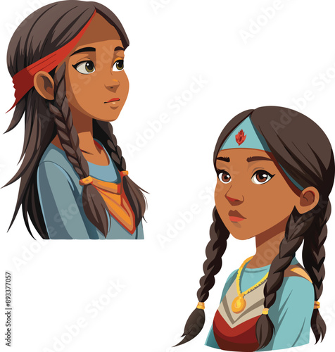 Young native american woman wearing traditional clothing gazing into the distance