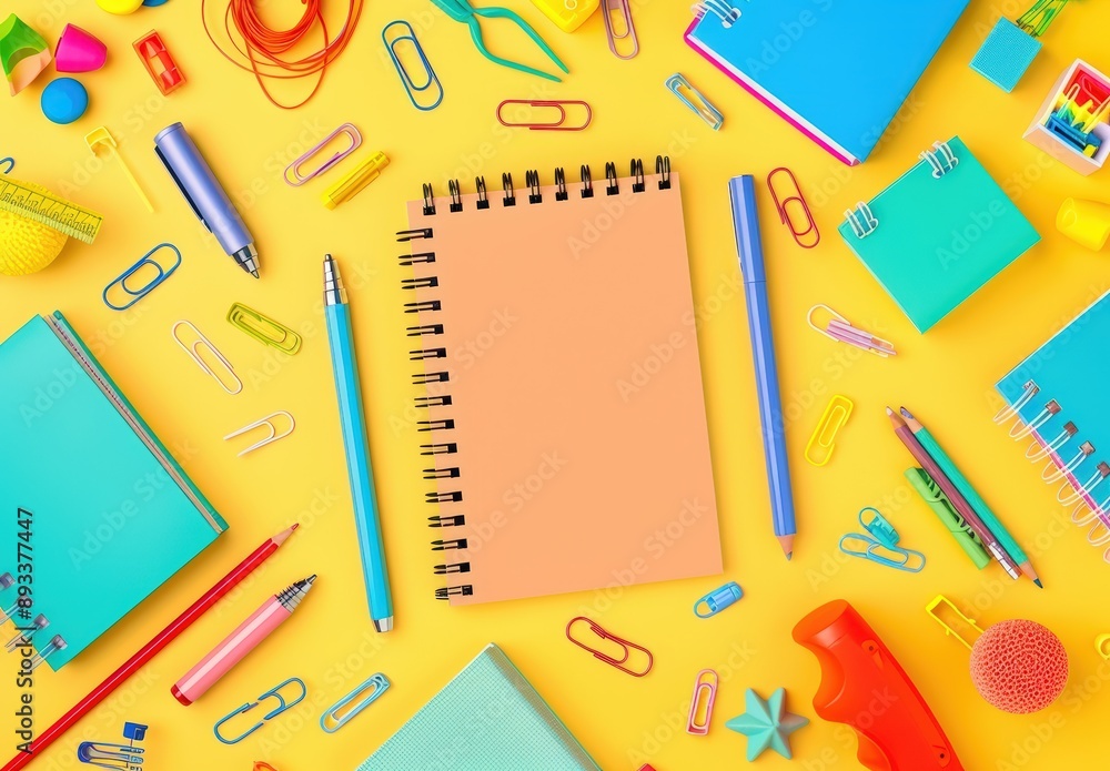 Detailed flat lay of a notebook and school supplies arranged on a pastel colored background, tailored for stock educational imagery. Detailed flat lay of a notebook and school supplies arranged on a pastel colored background, tailored for stock educational imagery.