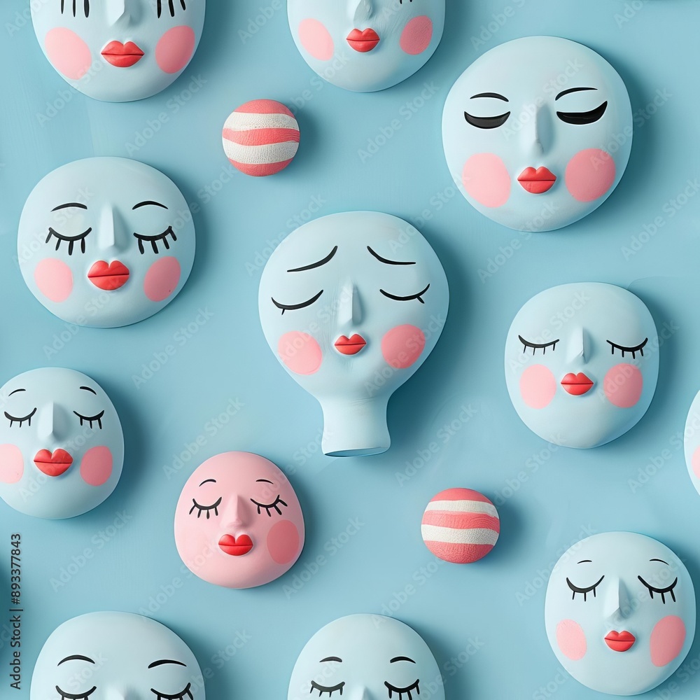 Sparse arrangement of love face dolls in a geometric pattern, pastel blue background, pop art style, playful and bright, flat lay Sparse arrangement of love face dolls in a geometric pattern, pastel blue background, pop art style, playful and bright, flat lay