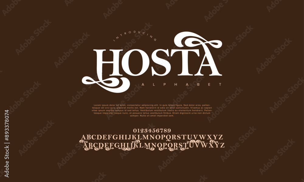 Hosta swash luxury elegant alphabet letters and numbers. Vintage wedding typography classic serif font decorative vintage retro. creative vector illustration Hosta swash luxury elegant alphabet letters and numbers. Vintage wedding typography classic serif font decorative vintage retro. creative vector illustration